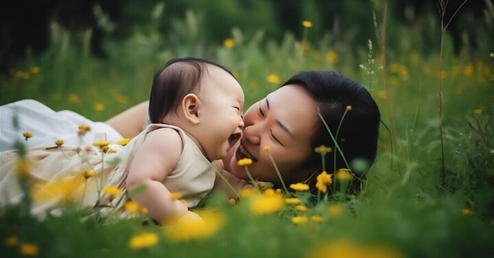 Mum and daughter giggling whilst laying in a field