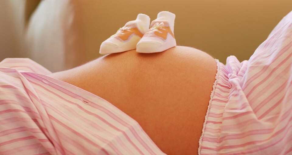 Baby shoes on a pregnant woman's bump